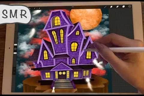 😴iPad ASMR - (3+ HOURS) Halloween Painting of a House - Clicky Pure Whispering - Writing Sounds