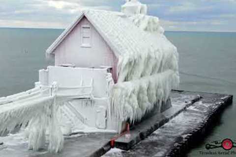 Frozen Grand Haven MI Stunning Ice Formations Must See Drone Footage 4K Dec 2022