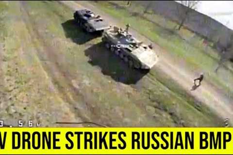 Ukrainian FPV drone Strikes 2 Russian BMP and crew.